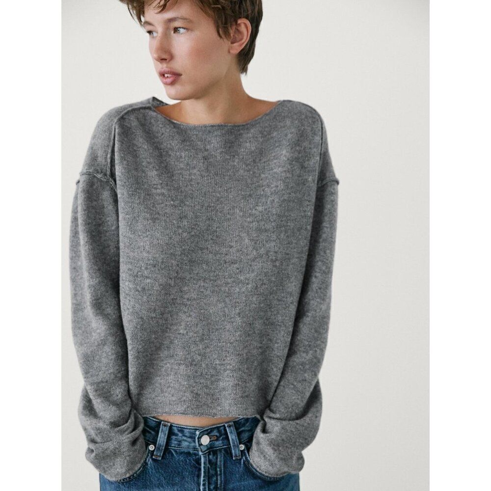 Massimo Dutti Women Sweater M Medium Knit Gray Crop shoulder seams 5727/621 NWT